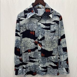 Oleg Cassini Blue and white Casual Button Down Shirt with Artistic Urban Design